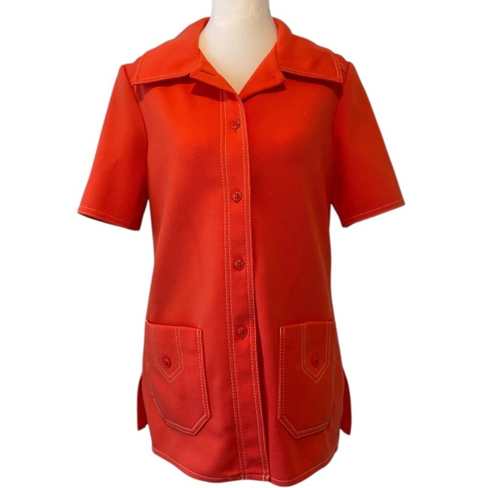 Vintage 70s Blouse Short Sleeve Button Down Orange Double‎ Knit with Pockets M